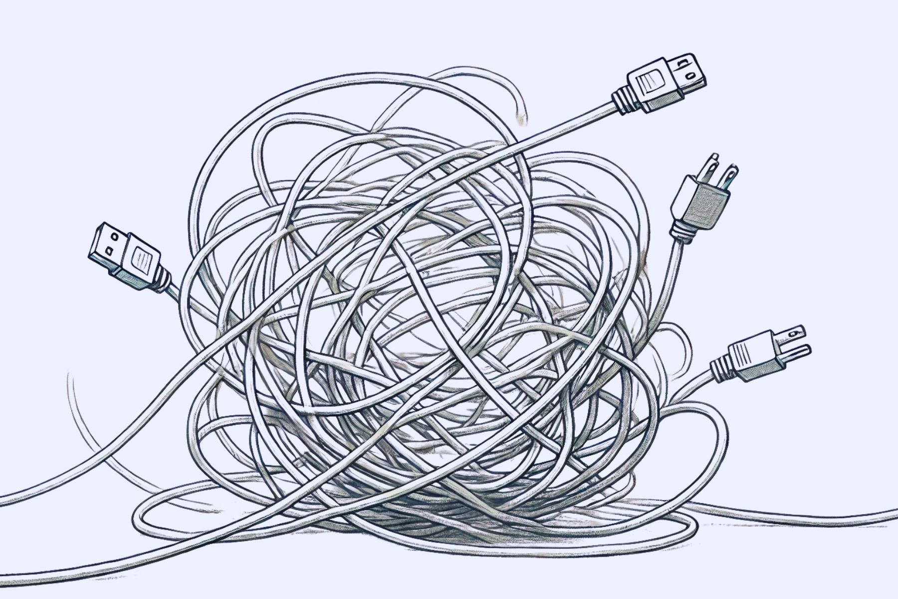 a pencil drawing of electronic cords all tangled together
