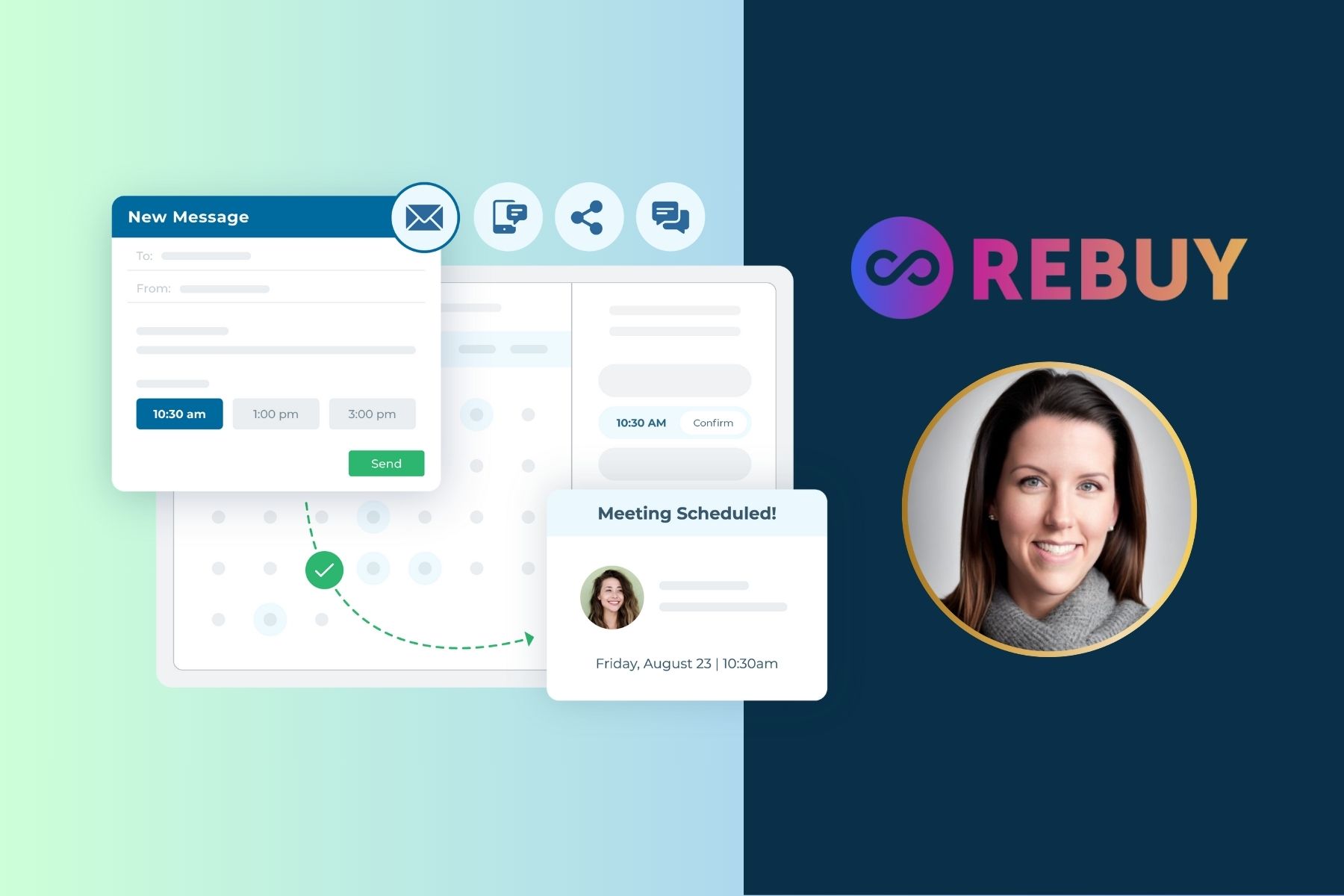LeanData BookIt scheduling software features with a Rebuy logo and headshot of Nicole Looker