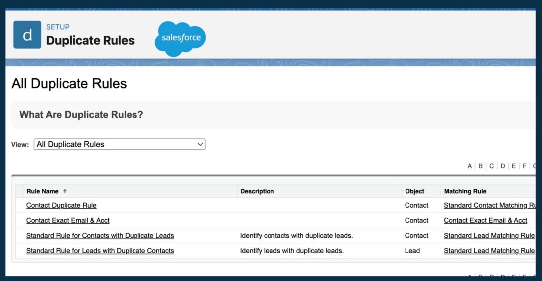 a table with rows in Salesforce showing Duplicate Rules