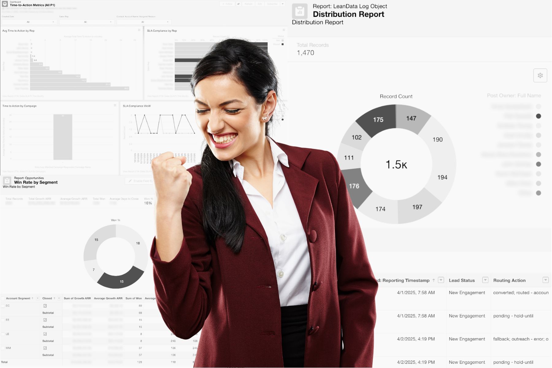 professional woman standing in front of Salesforce dashboards