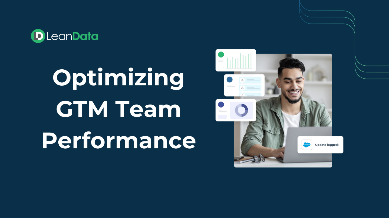 Navy background featuring LeanData's logo and the title: 'Optimizing GTM Team Performance,' which is the name of the solution brief. Cover also includes an image of a man working on a laptop.