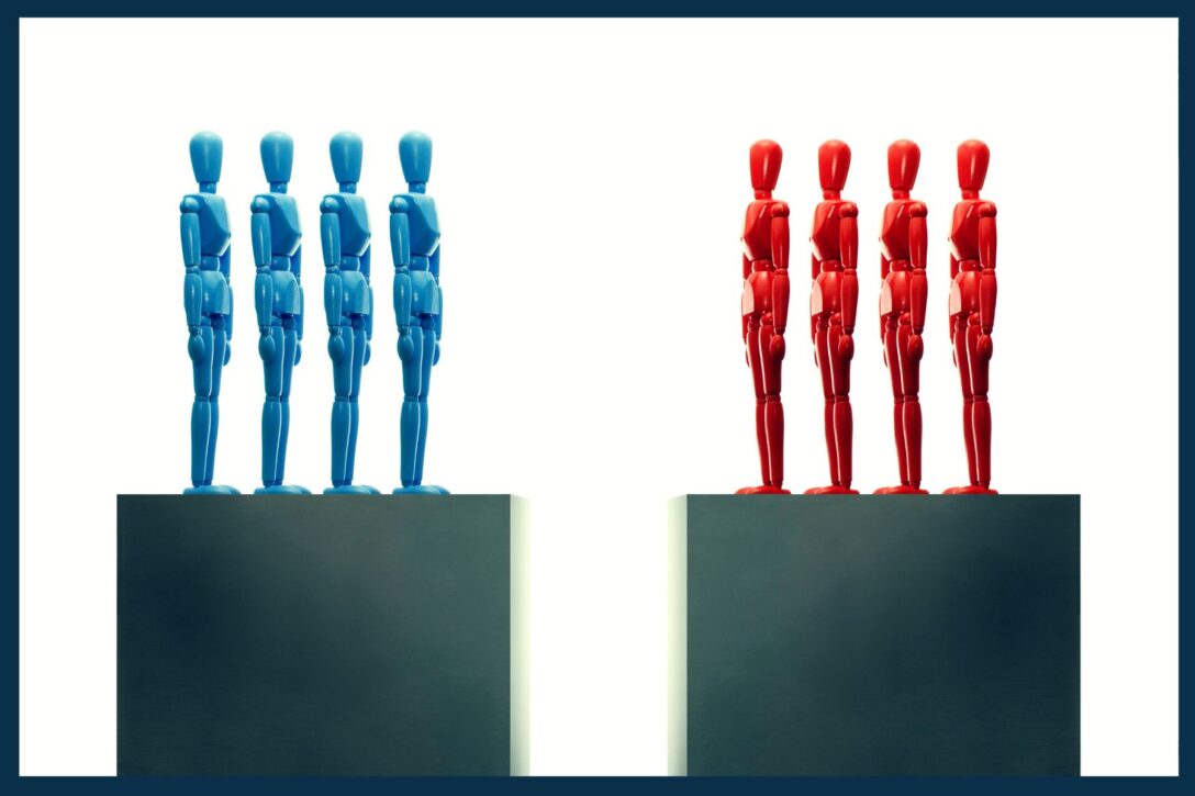 four blue figures standing on a box separated from four red figures standing on a separate box