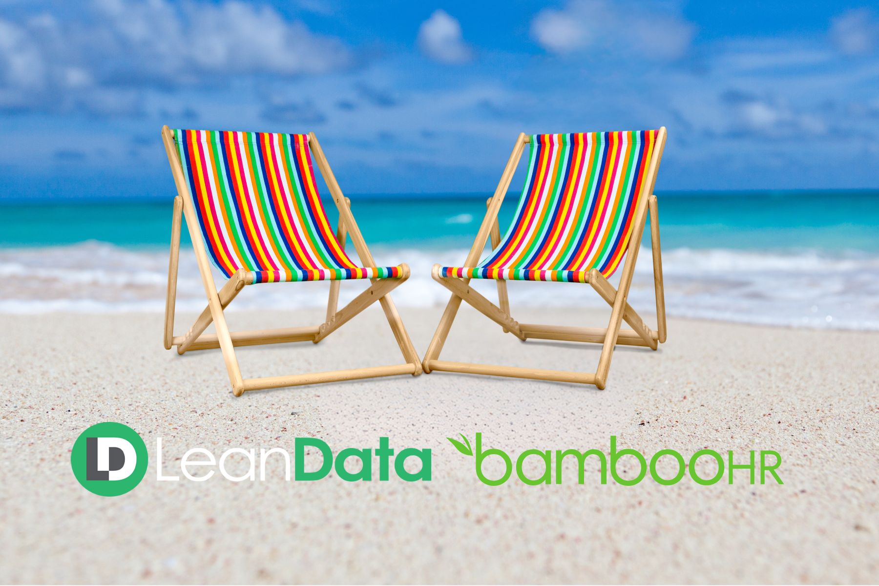 Two beach chairs sitting on a beach with the LeanData and BambooHR logos next to them