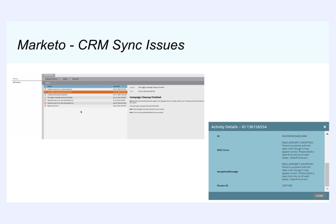 a sync error message from the Marketo marketing automation platform
