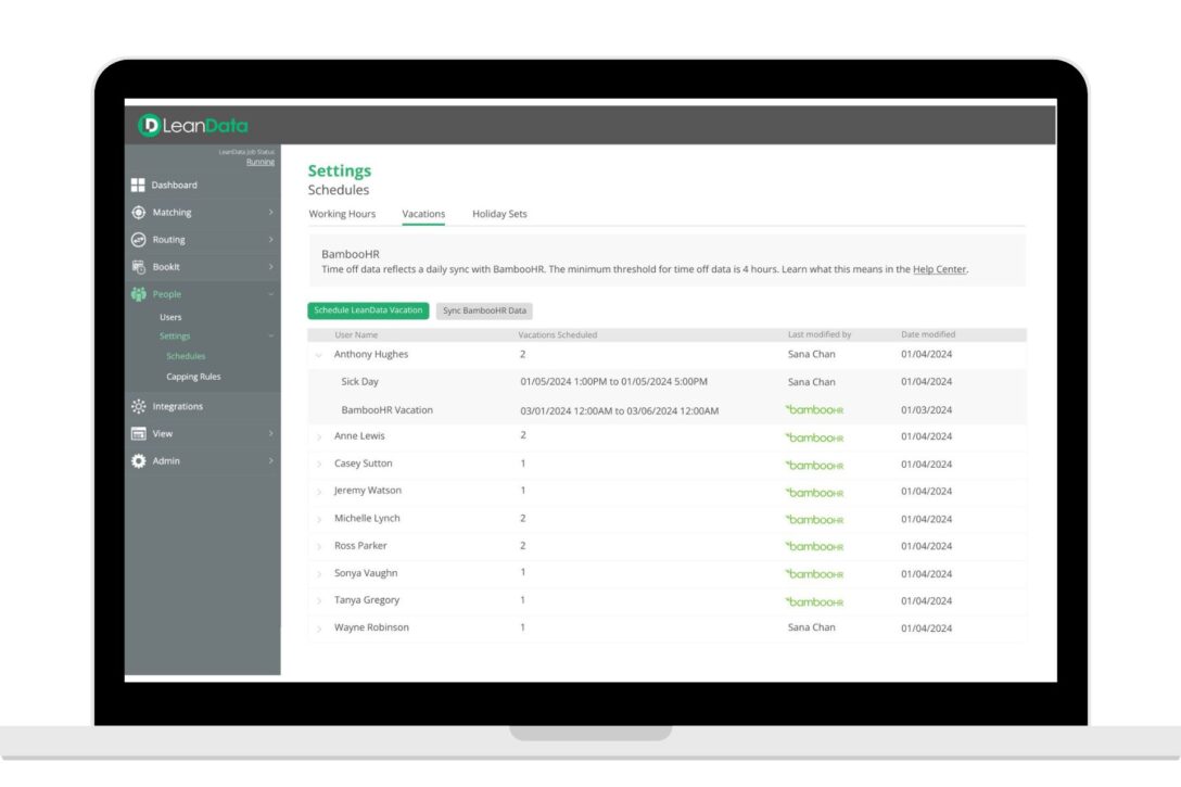 LeanData software showing syncing BambooHR PTO data
