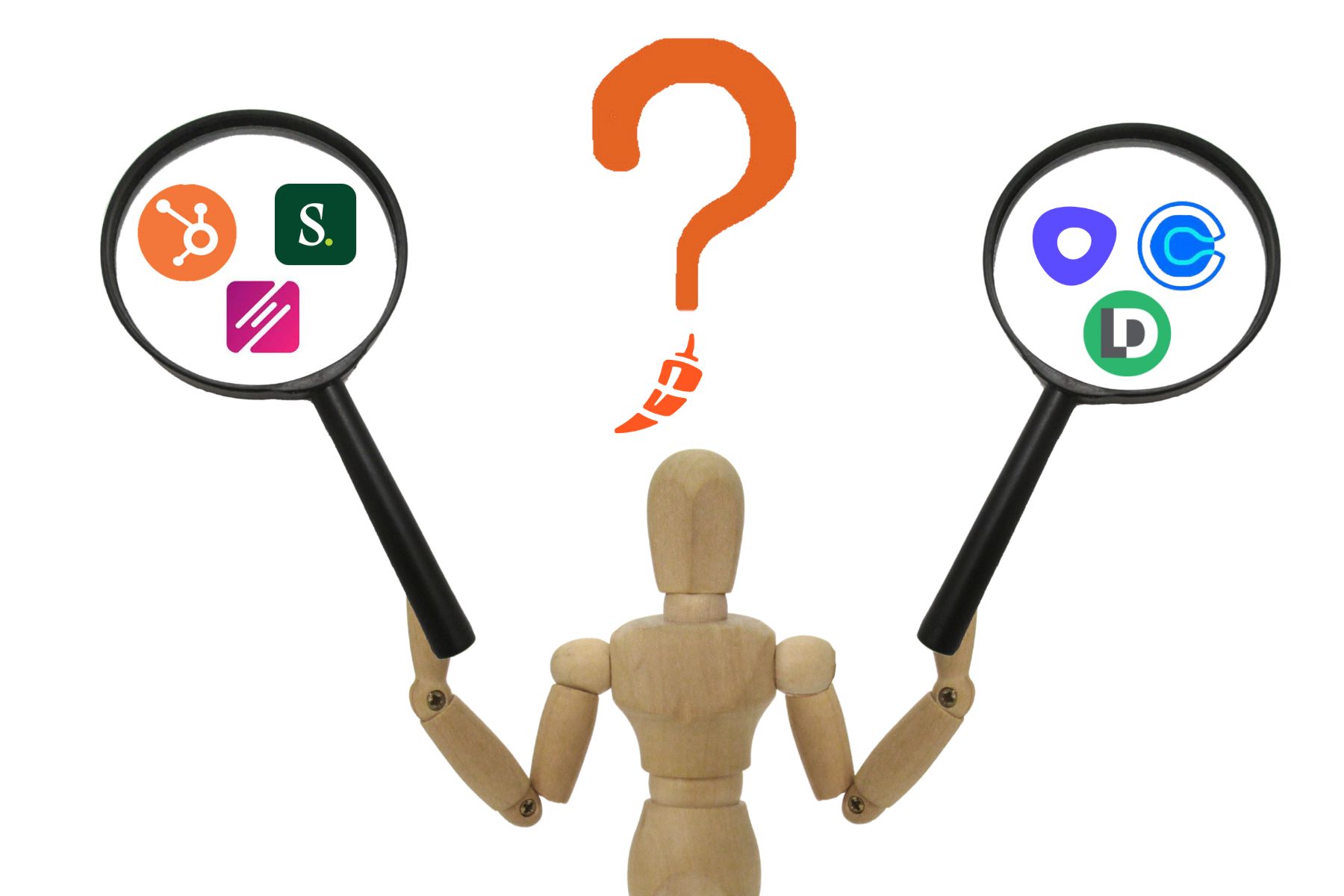 stick figure holding up two magnifying glasses to compare Chili Piper Alternatives
