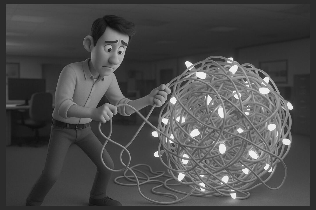 animated 3D man trying to untangle a ball of Christmas lights
