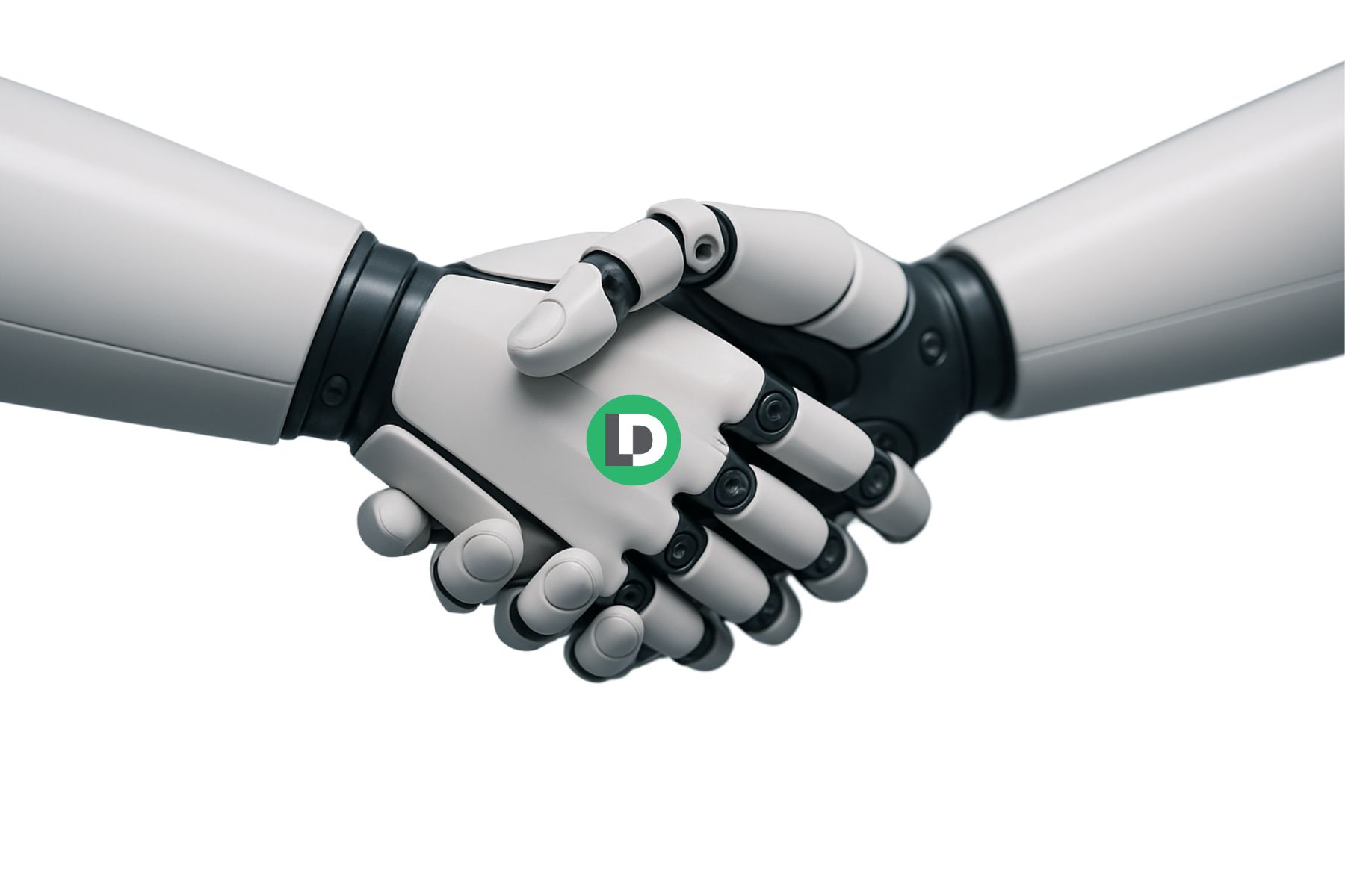 two robots shaking hands and one has the LeanData logo on the back of its hand