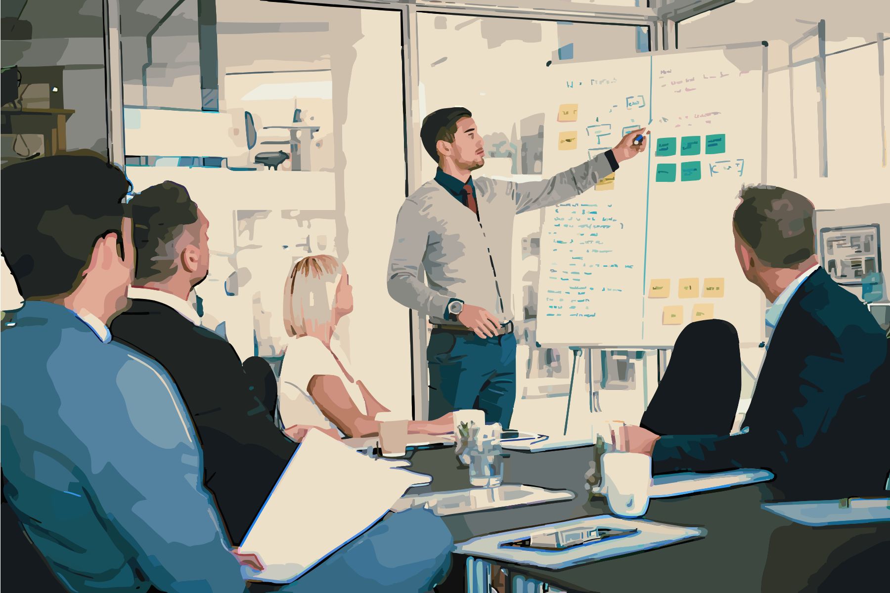 artistic painting of a man presenting a business proposal in to professional workers in an office