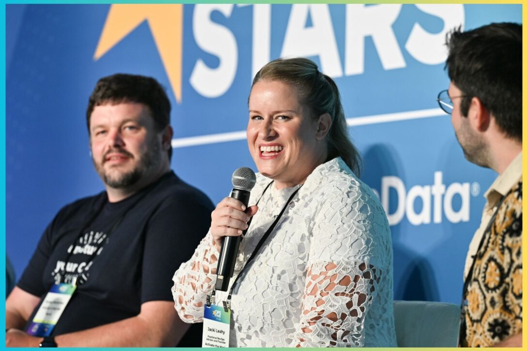 James McArthur, Jacki Leahy, and Trent Allen on a panel at OpsStars 2024