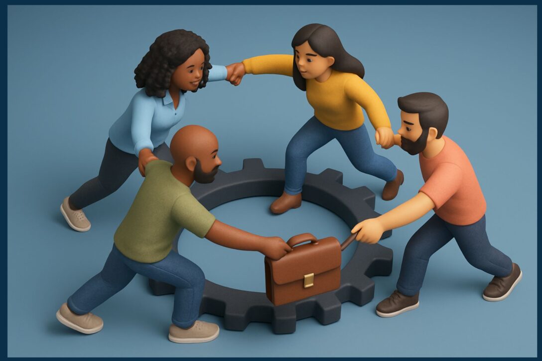 3D people holding hands and working together to move a deal forward