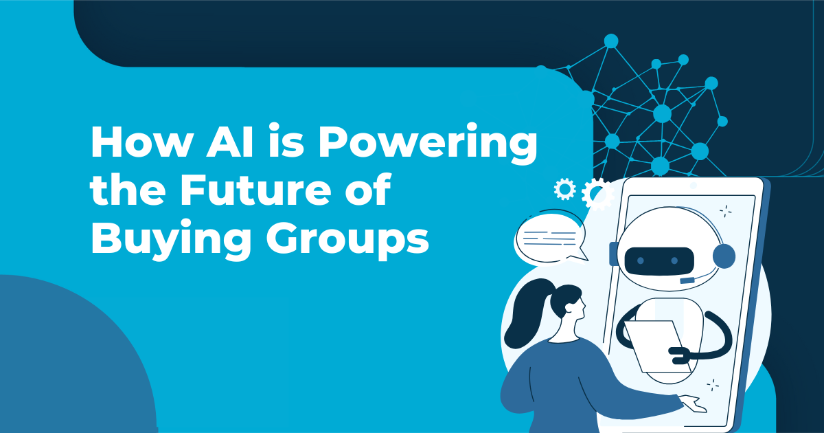 Light blue and navy blue background with a animated graphic element showing a woman interacting with an AI robot