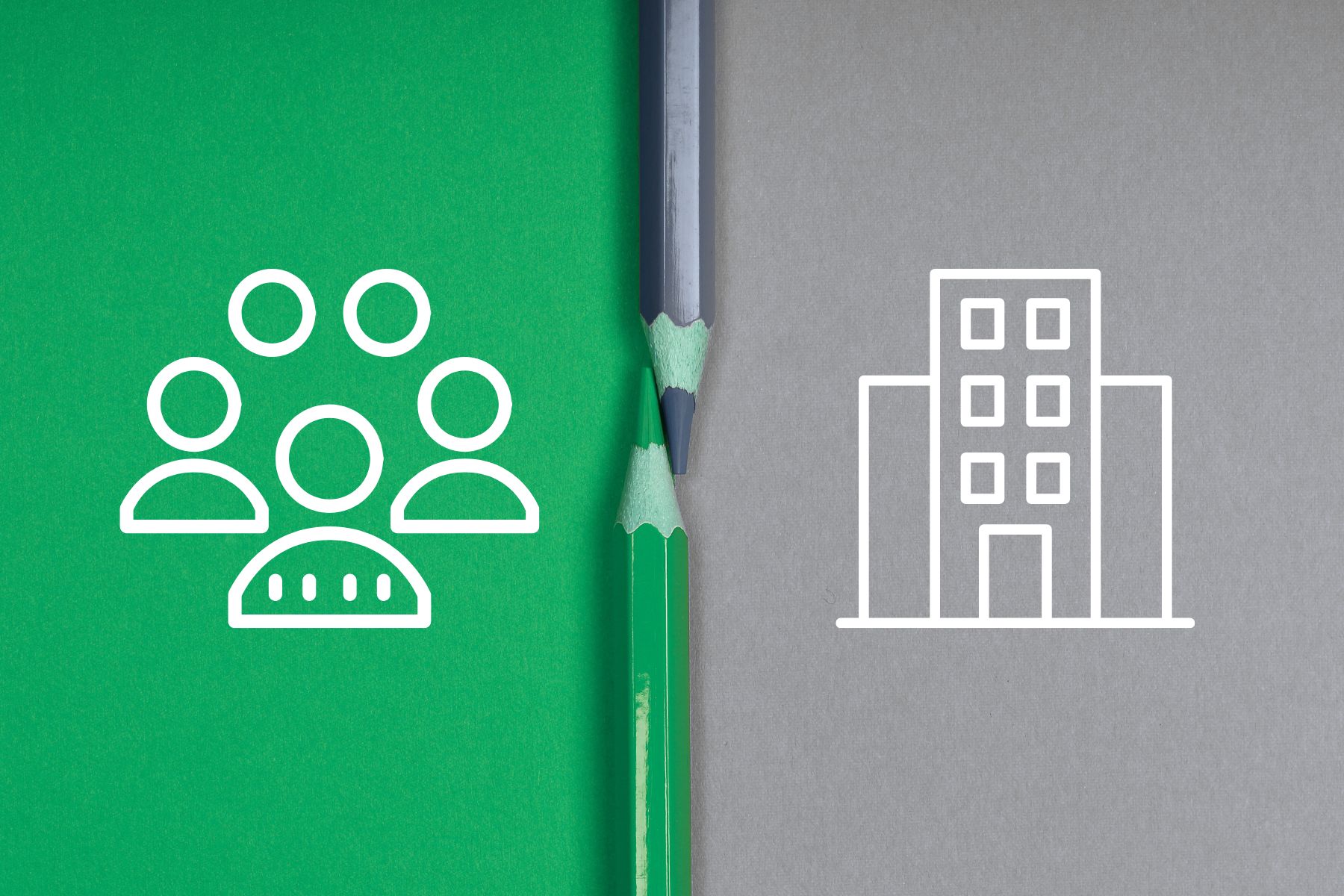 green graphic element of group of people and a gray graphic element of an office building separated by two pencils