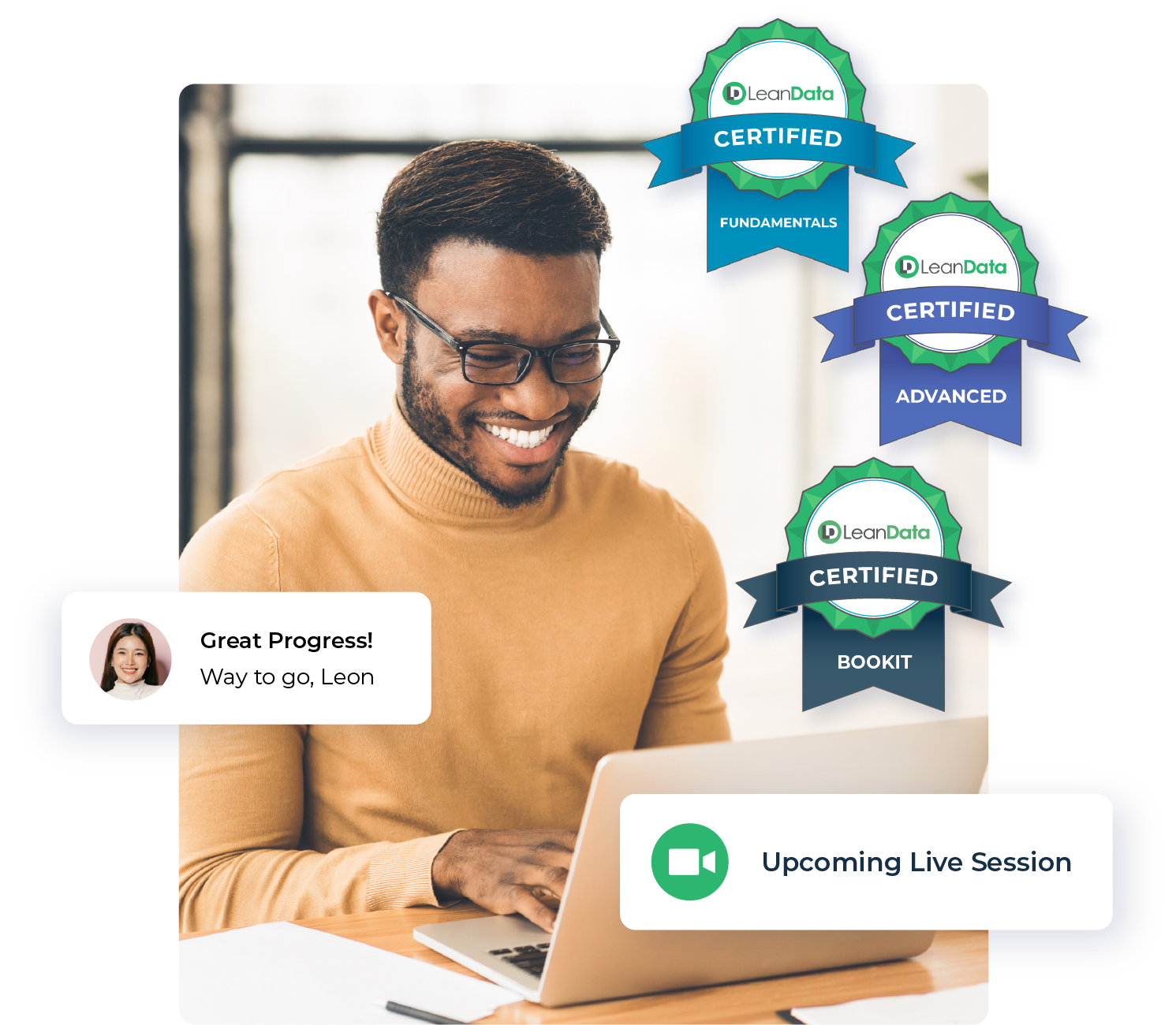 smiling man with a laptop surrounded by certification badges