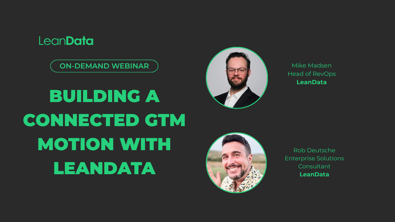Black background, title: Building a Connected GTM Motion With LeanData. Speakers include Mike Madsen and Rob Deutsche.