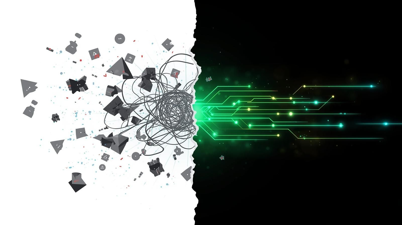 tangled data lines, scattered warning icons, and dull gray or red colors suggesting system errors and on the right a clean, organized data flow