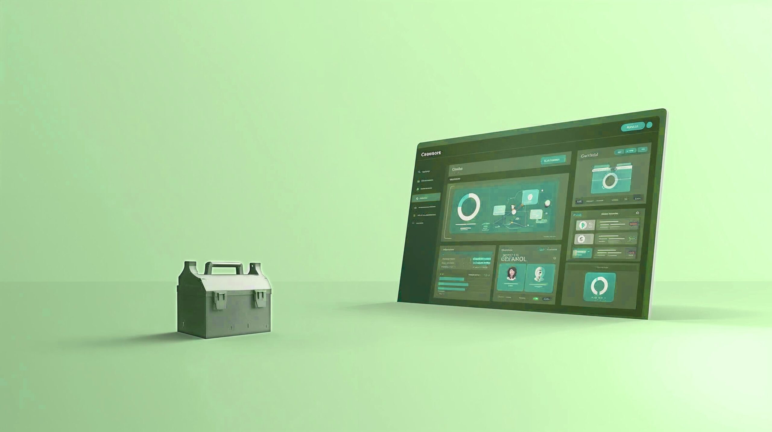 small toolbox next to a complex computer monitor