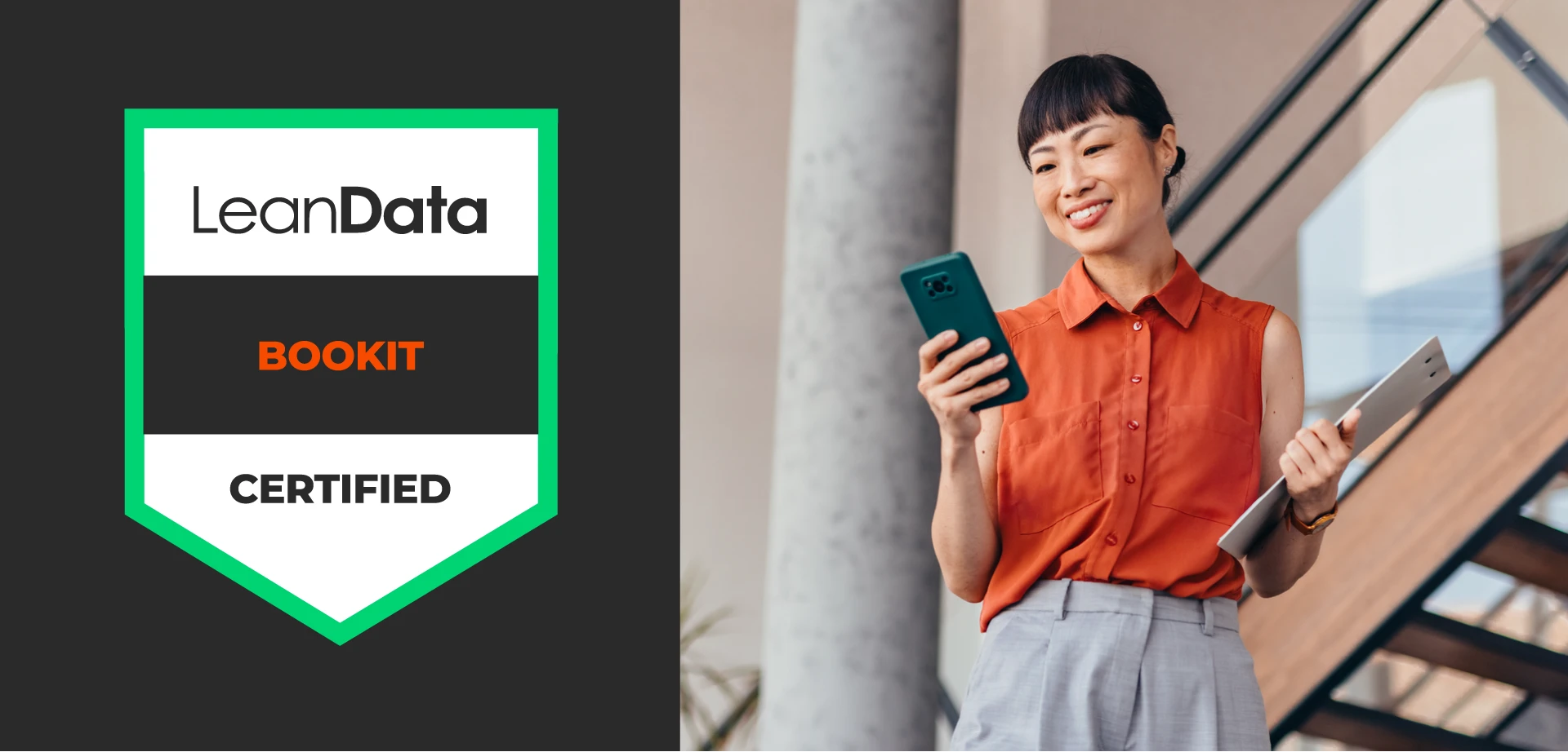 LeanData BookIt badge next to an image of a woman looking down at her phone smiling