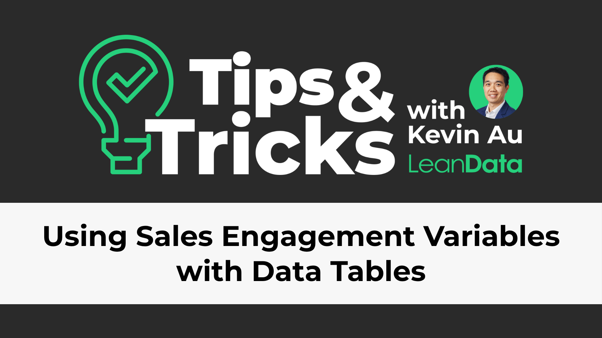 a rectangle with a green lightbulb and a leandata tips and tricks logo