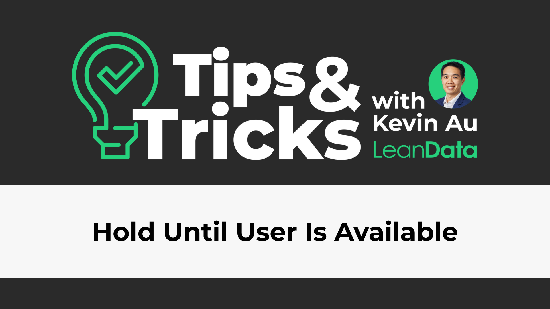 a rectangle with a green lightbulb and a leandata tips and tricks logo