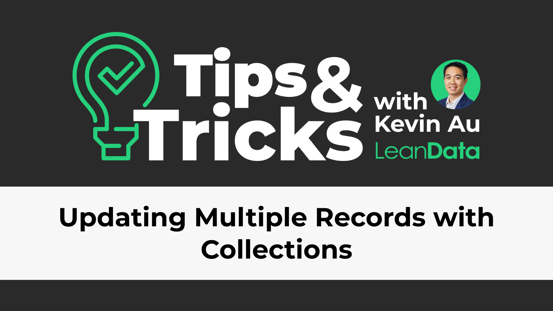 a rectangle with a green lightbulb and a leandata tips and tricks logo