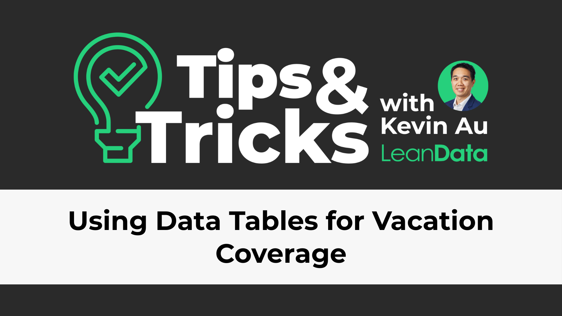 a rectangle with a green lightbulb and a leandata tips and tricks logo