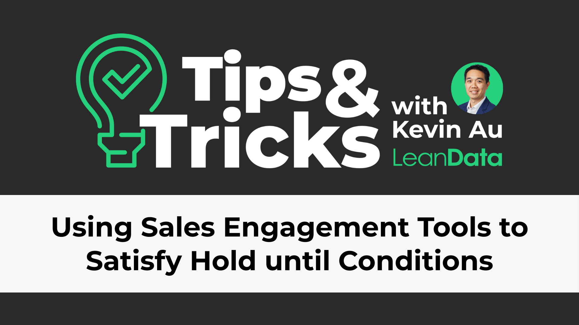 a rectangle with a green lightbulb and a leandata tips and tricks logo