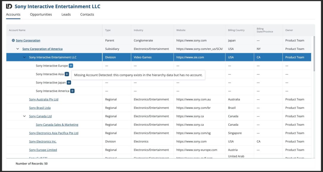 LeanData account hierarchies user interface in Salesforce
