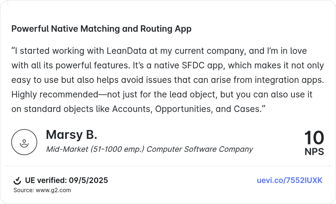 Powerful Native Matching and Routing App
“I started working with LeanData at my current company, and I’m in love with all its powerful features. It’s a native SFDC app, which makes it not only easy to use but also helps avoid issues that can arise from integration apps. Highly recommended—not just for the lead object, but you can also use it on standard objects like Accounts, Opportunities, and Cases.”