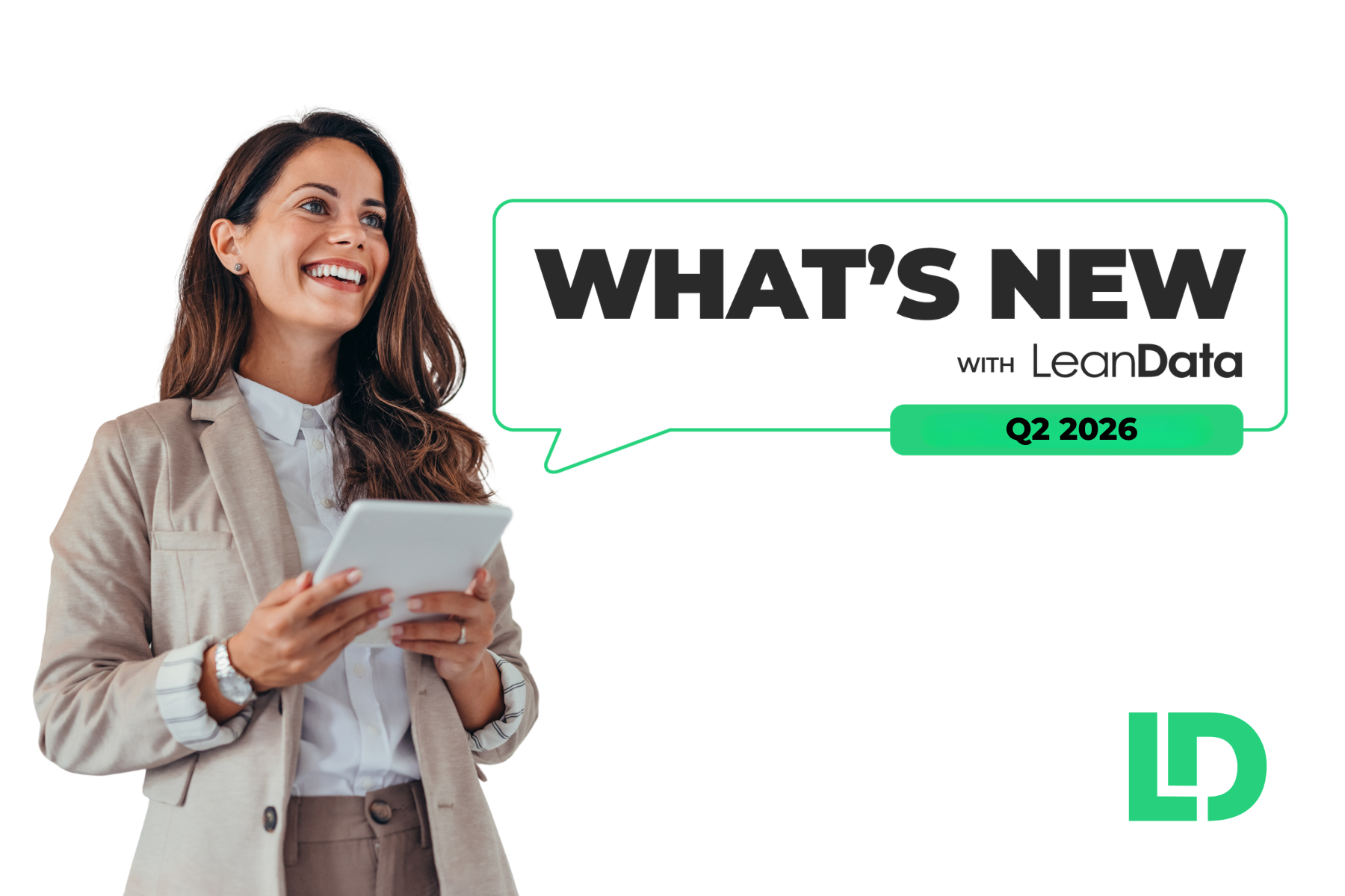 female professional tech worker holding a tablet announcing LeanData's Q2 2026 release features