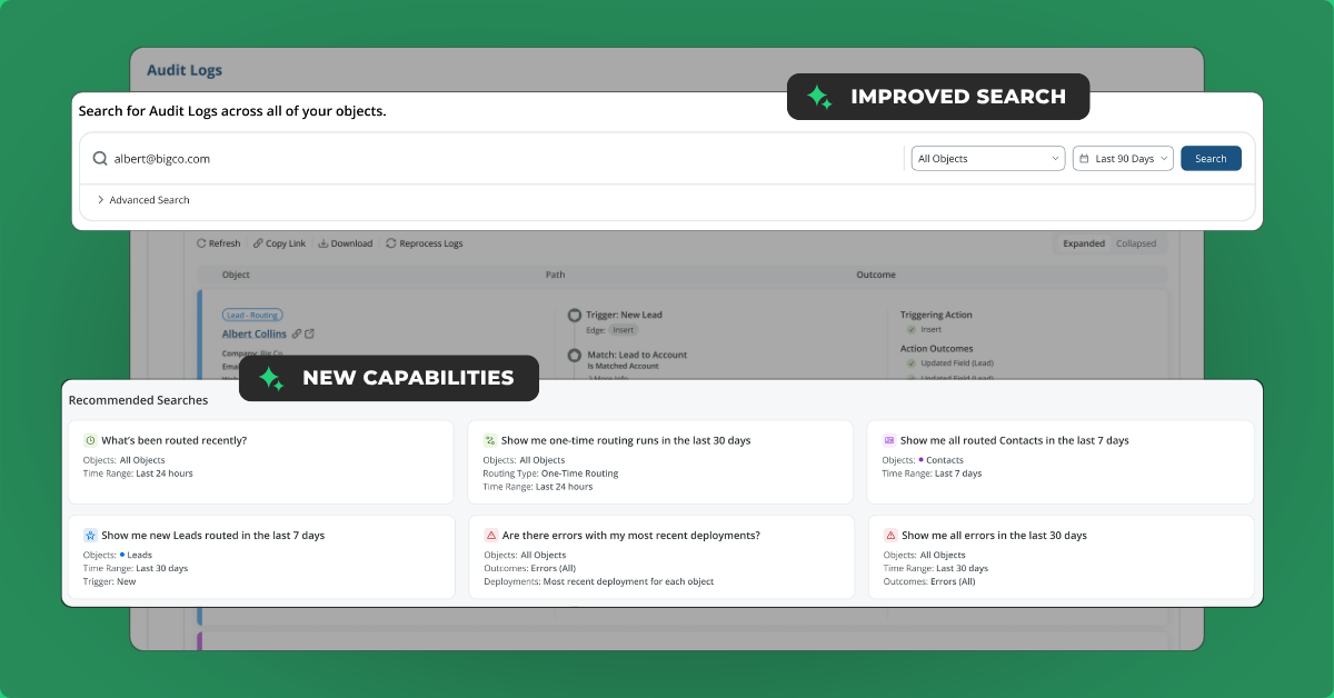 User Interface of new LeanData audit logs with the 8.x LeanData product release