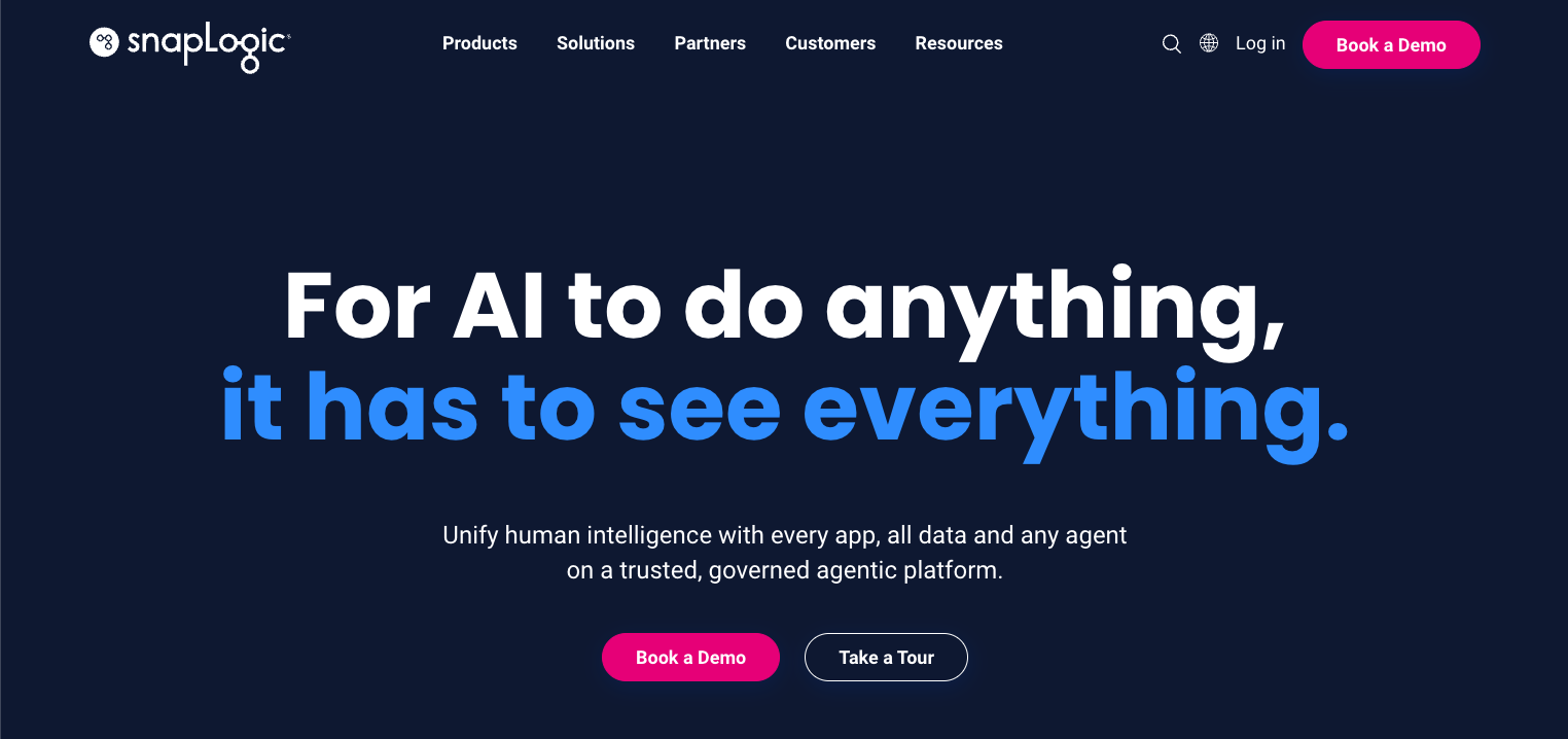 SnapLogic homepage; For AI to do anything, it has to see everything.