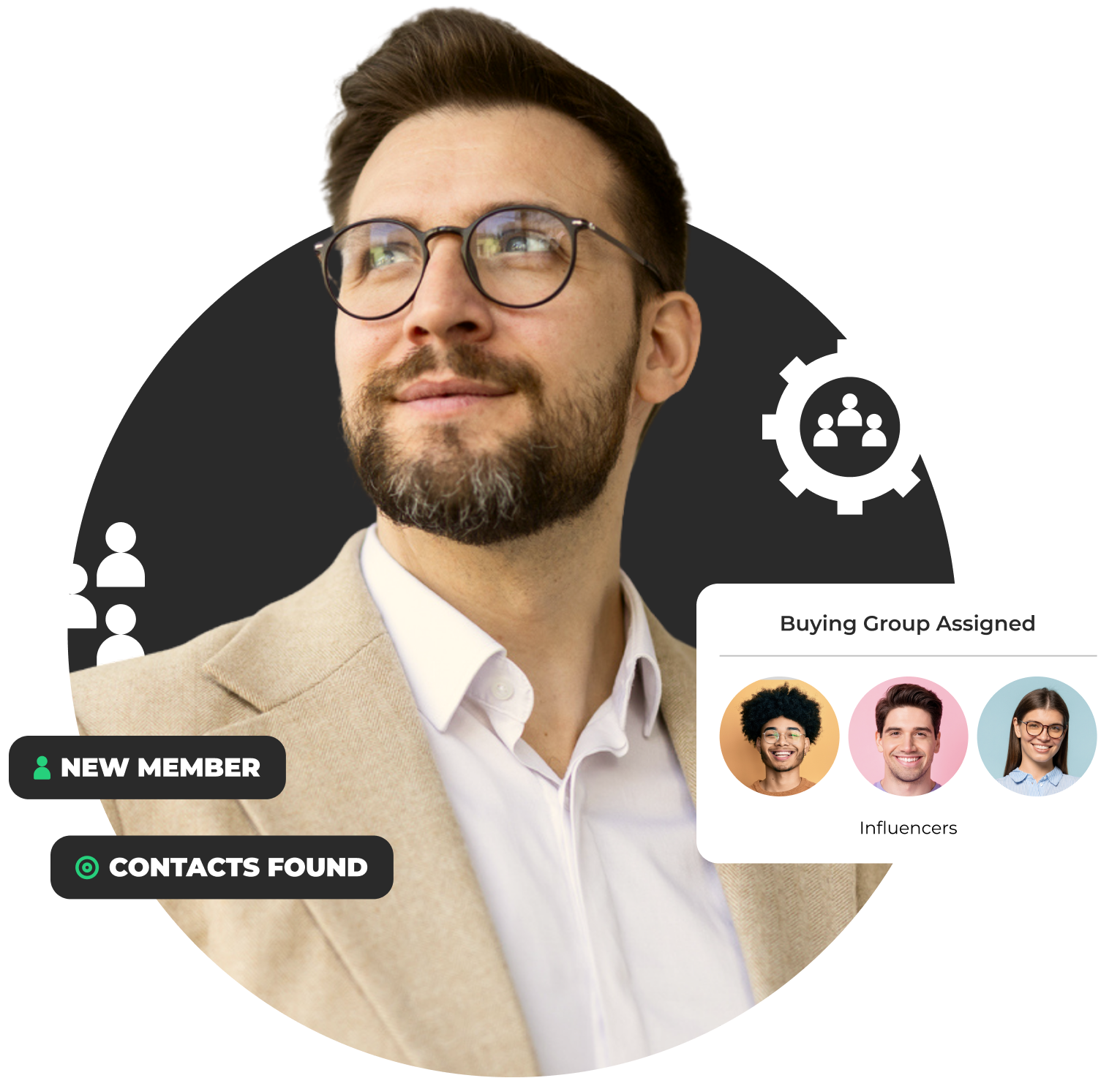 LeanData Buying Groups Blueprint graphic showing a man looking up confidently