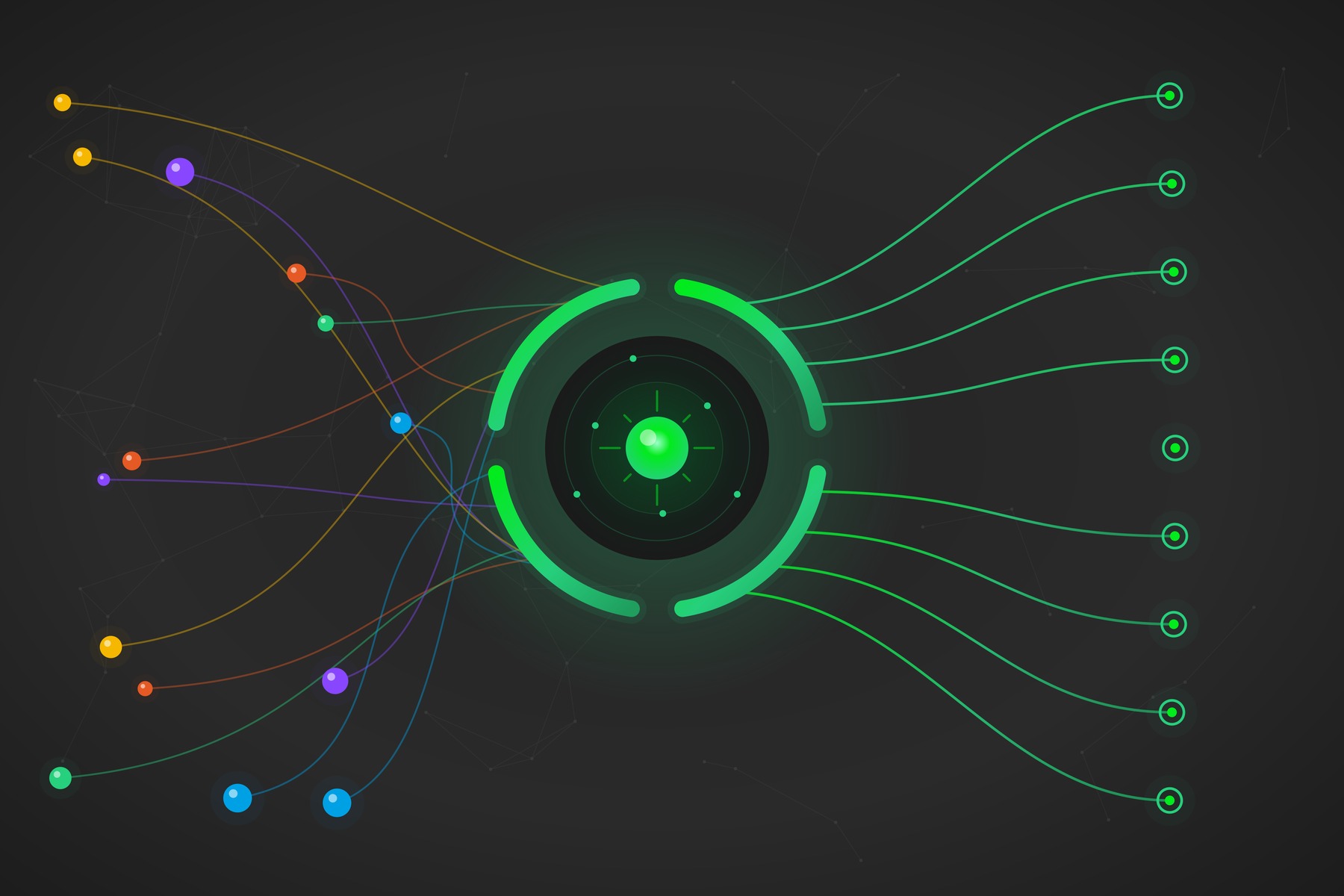 Abstract graphic of colored signals flowing through a glowing green hub into orderly outputs, representing AI go-to-market orchestration