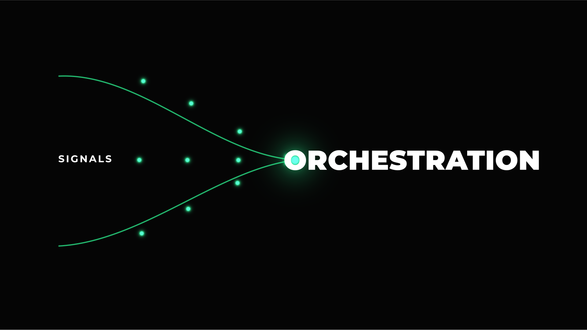 green dot signals being captured in a funnel to the word Orchestration