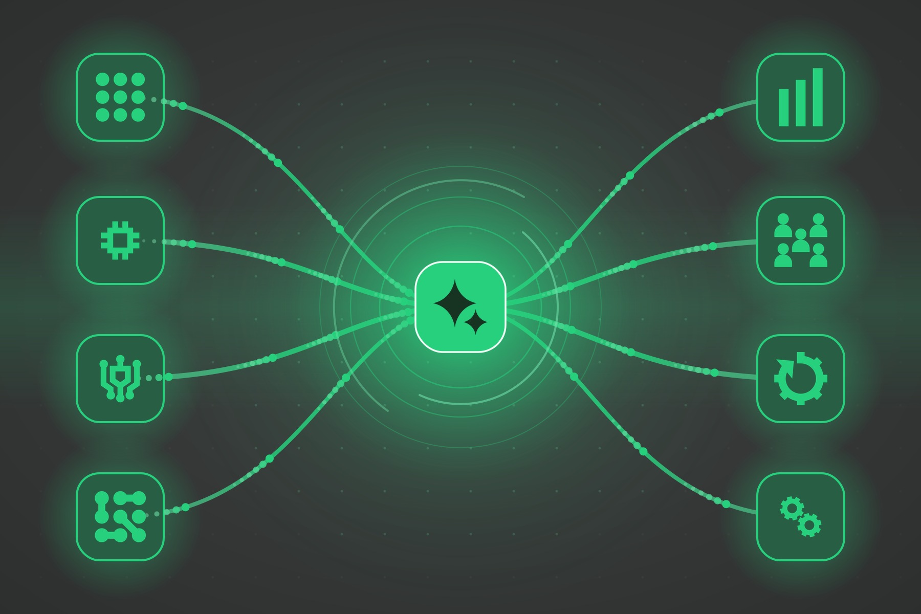 Software systems connecting through a central AI orchestration hub via flowing green data streams.