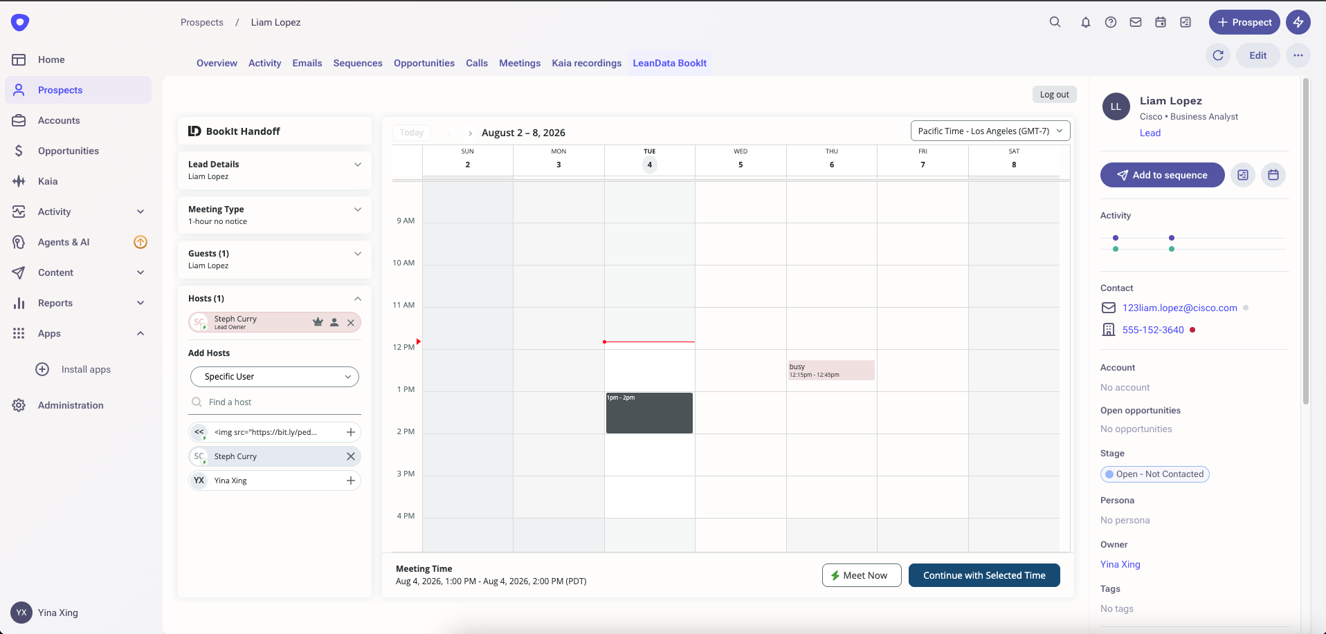 BookIt Handoff panel inside Outreach prospect record showing routed AE and calendar availability