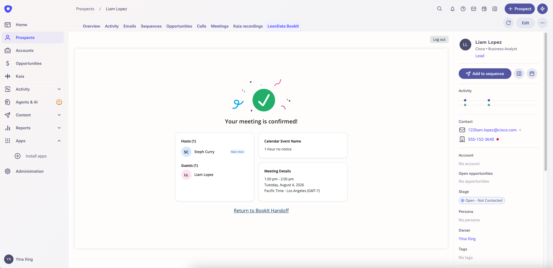 Outreach scheduling integration meeting confirmed screen showing BookIt Handoff booking details