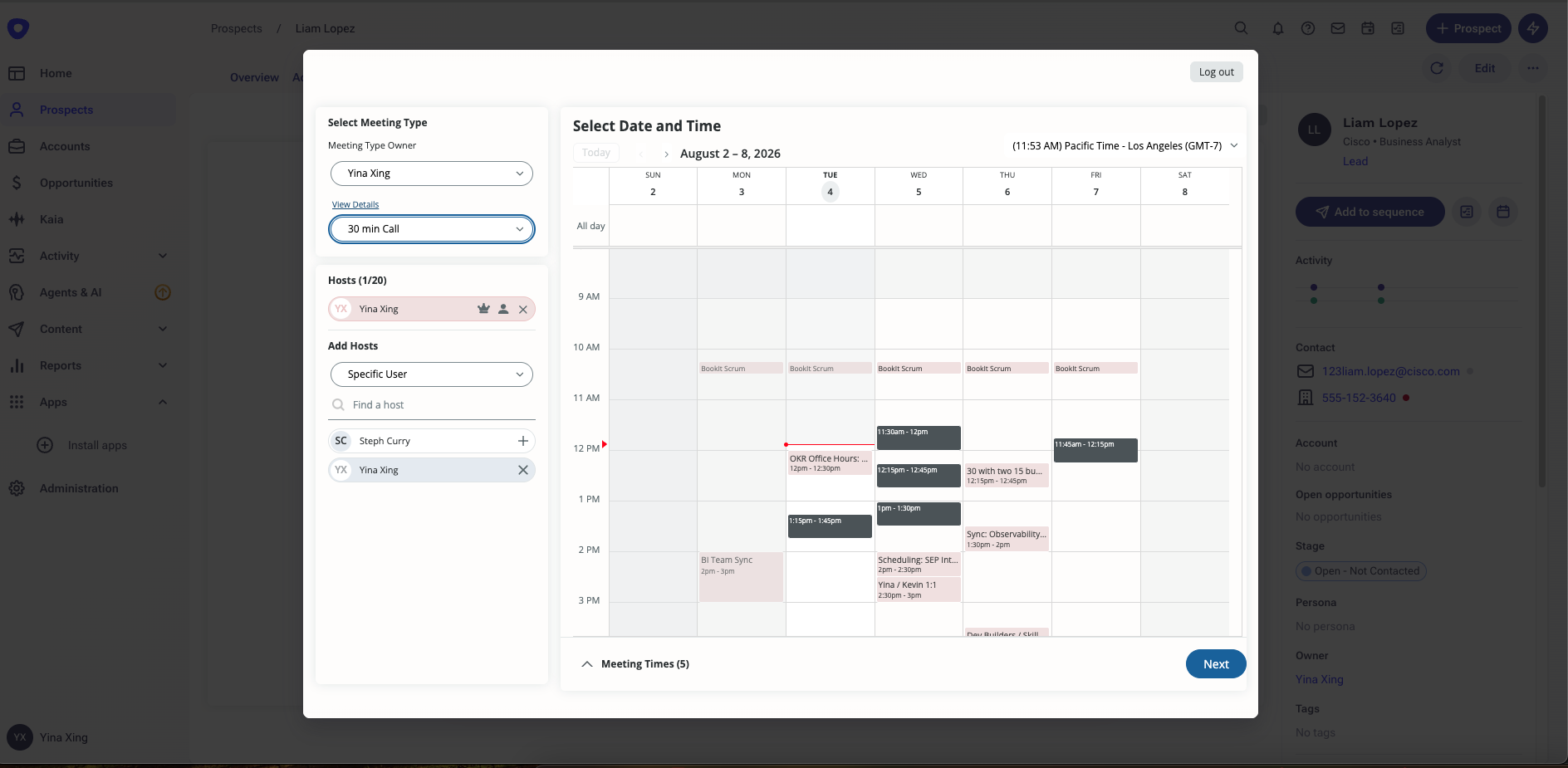 Prospect-facing booking calendar from LeanData BookIt Outreach scheduling integration