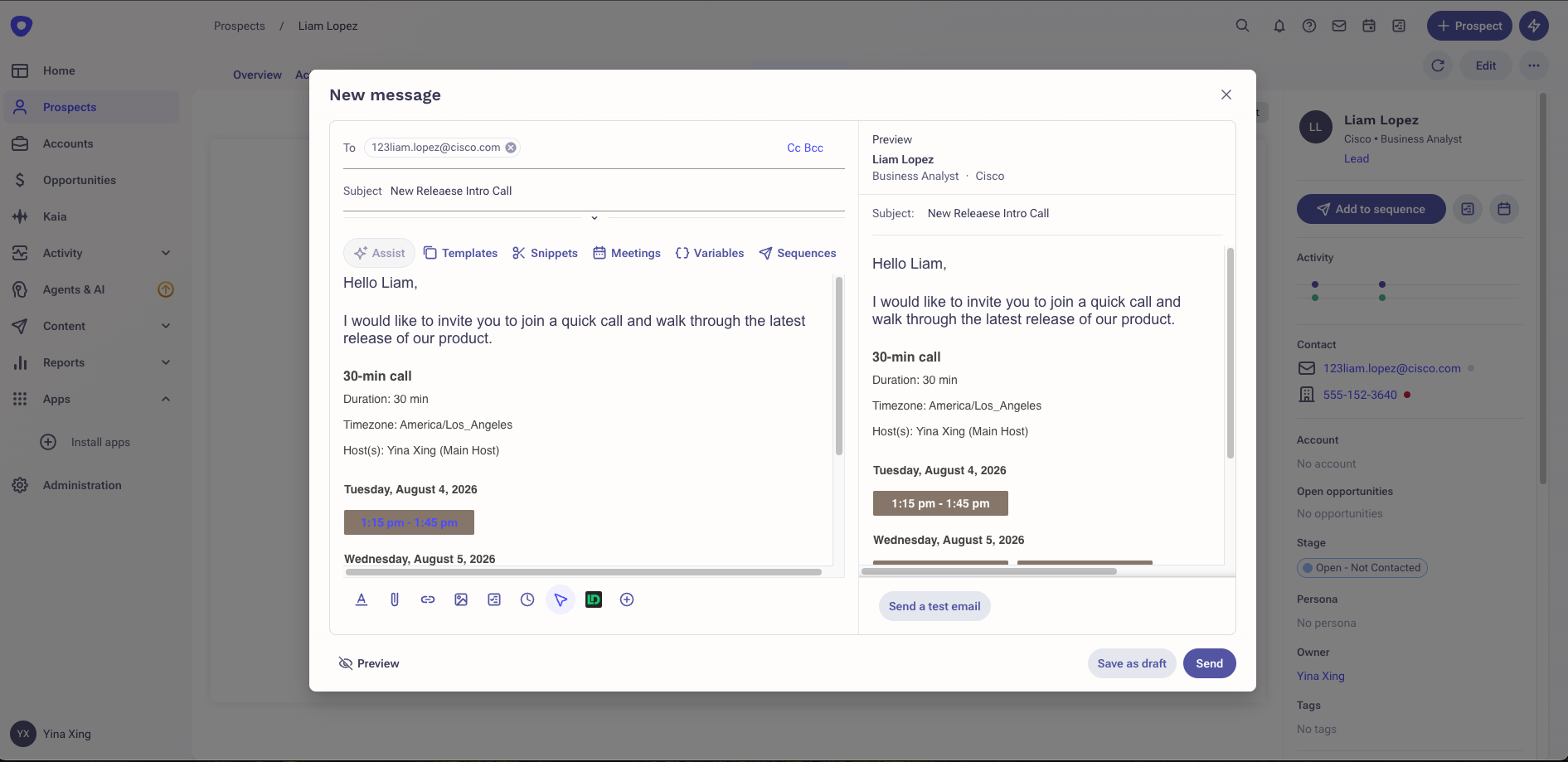BookIt Invite availability slots inserted into Outreach email composer