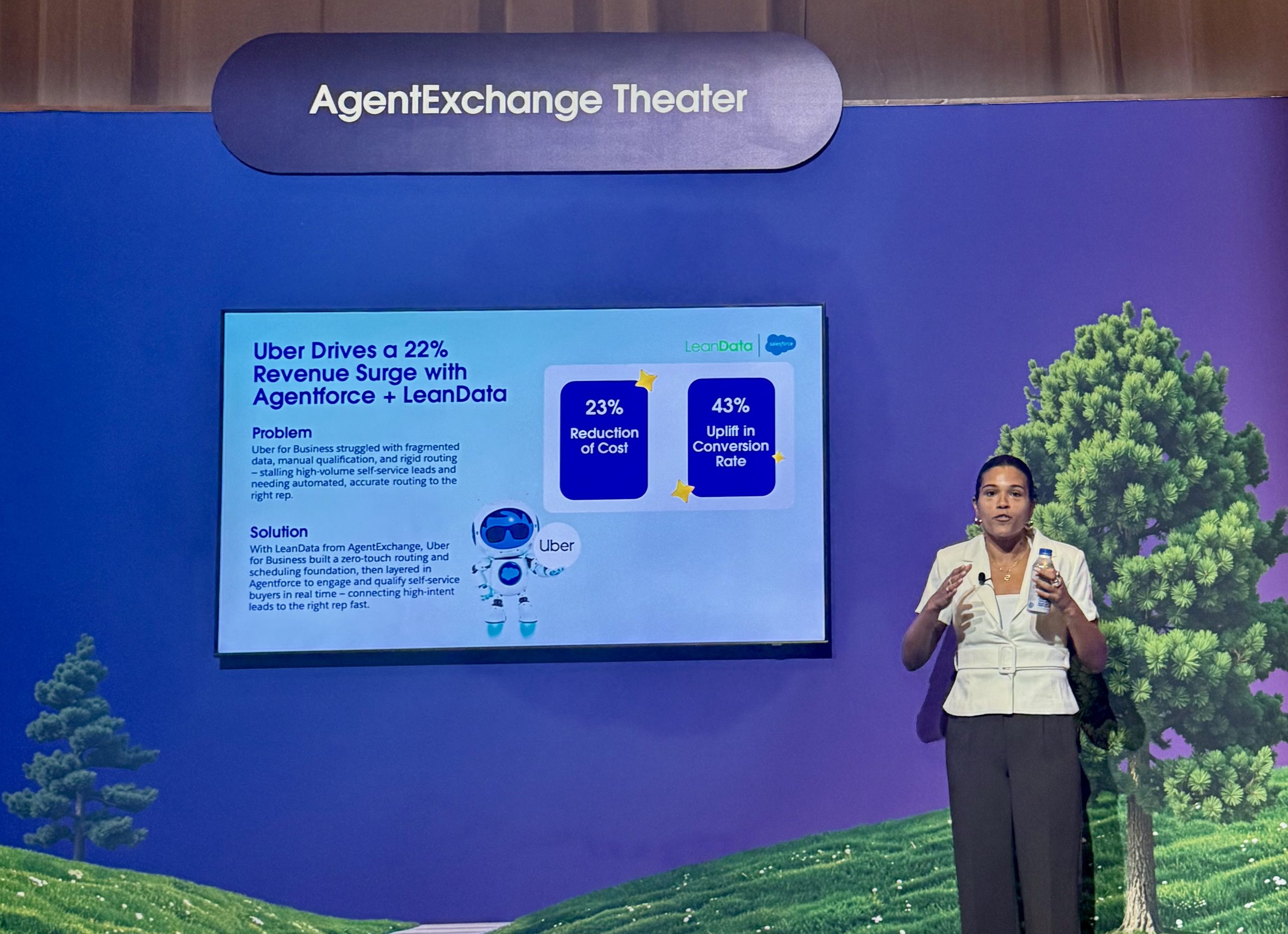Sarah Oertel of Uber for Business presenting results with Agentforce and LeanData at Dreamforce 2026 AgentExchange Theater