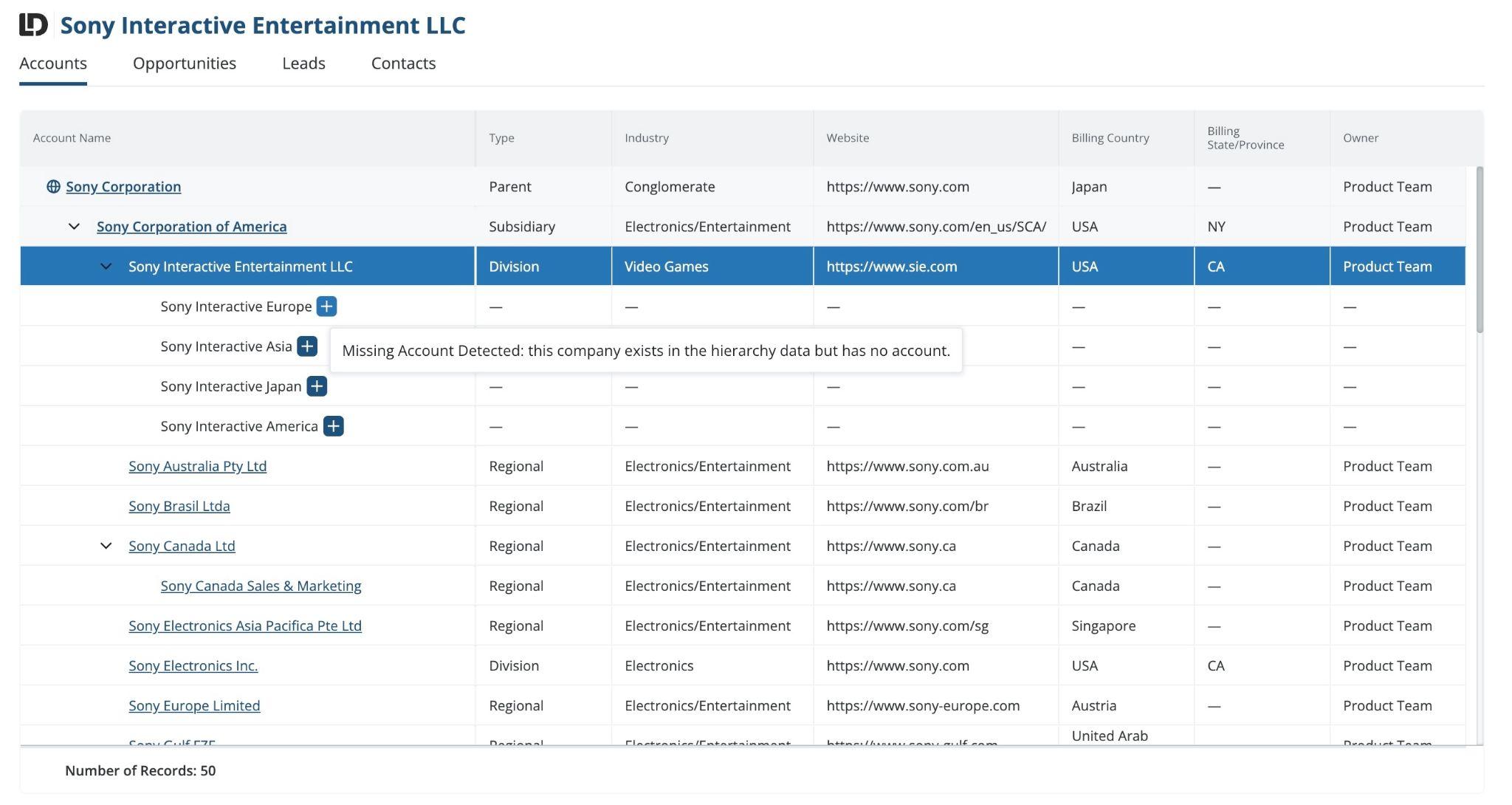 Dun & Bradstreet account hierarhchies integration data example