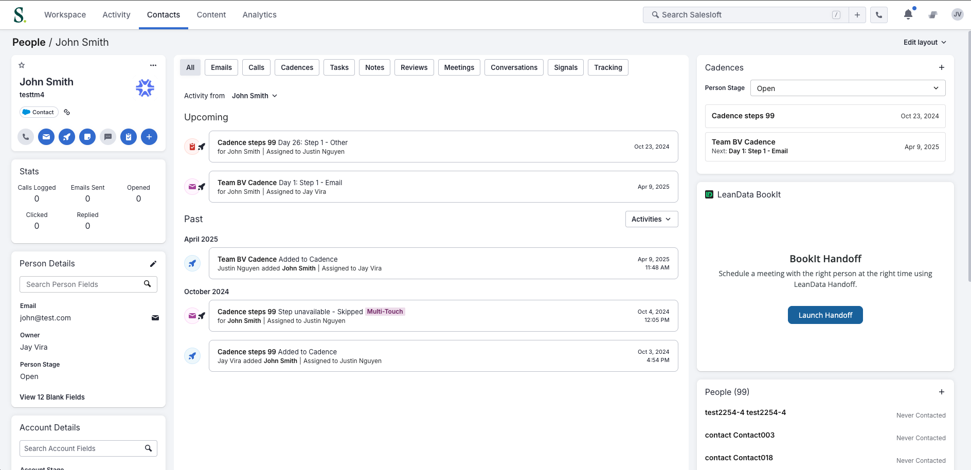 LeanData BookIt Handoff tile on a Salesloft Person record
