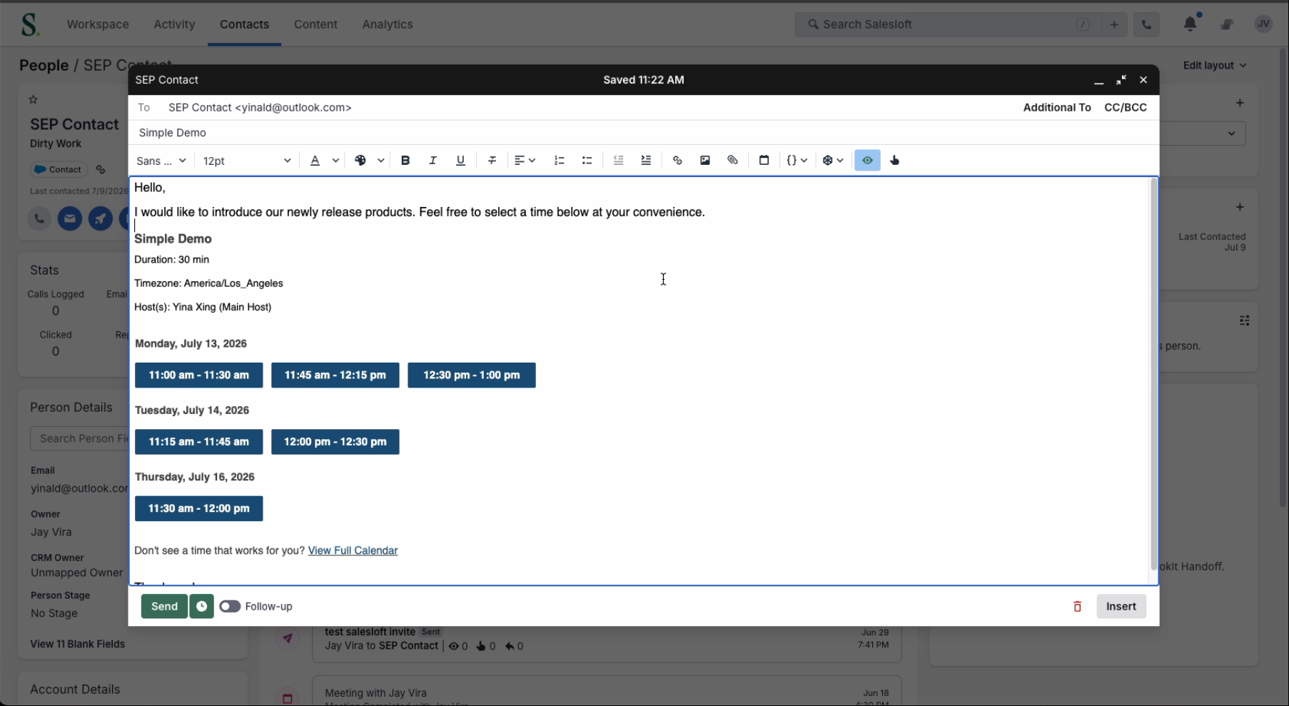 BookIt Invite time slots inserted in the Salesloft email composer