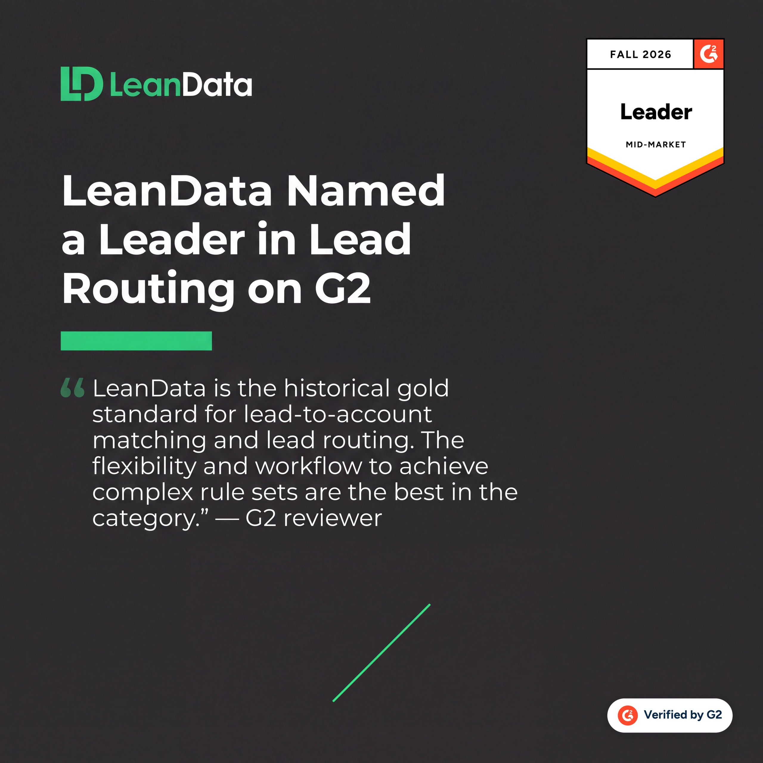 LeanData named a Leader in Lead Routing on G2, Fall 2026 Mid-Market, with a G2 reviewer quote